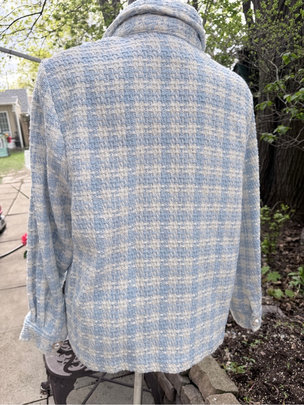 Classic Tweed Women's Jacket in Light Blue and Cream - Picture 4 of 13